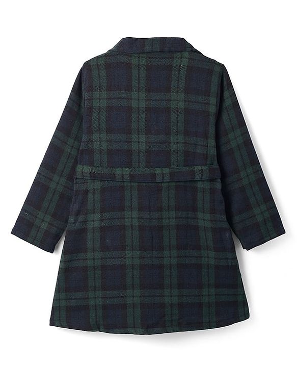 Babyhug Cotton Woven Full Sleeves Checkered Winter Frock with Sleeveless Inner T-Shirt - Dark Green
