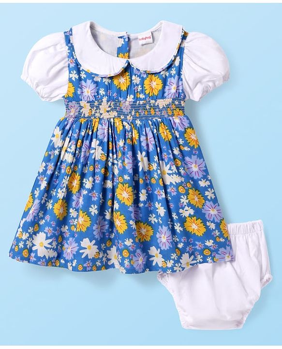 Babyhug Cotton Woven Half Puffed Sleeves Frock With Floral Print & Bloomer - Blue & White