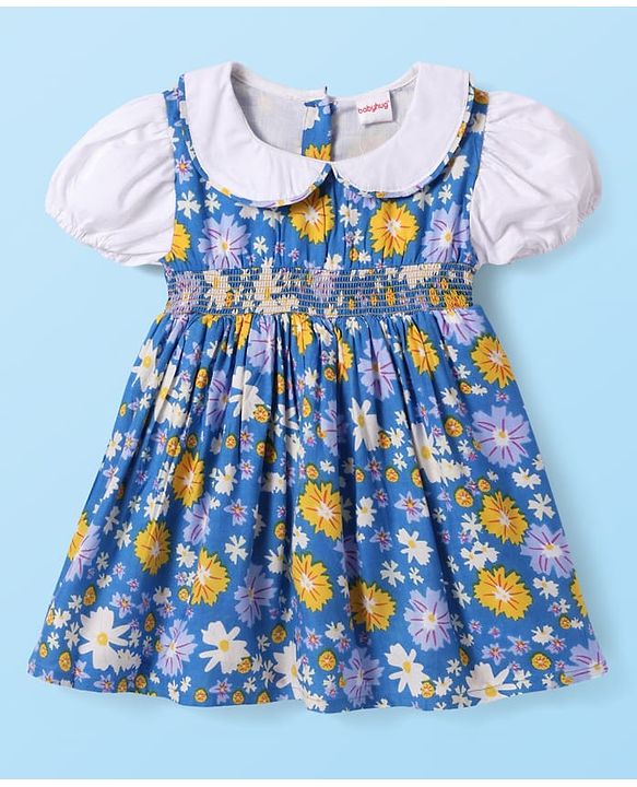 Babyhug Cotton Woven Half Puffed Sleeves Frock With Floral Print & Bloomer - Blue & White