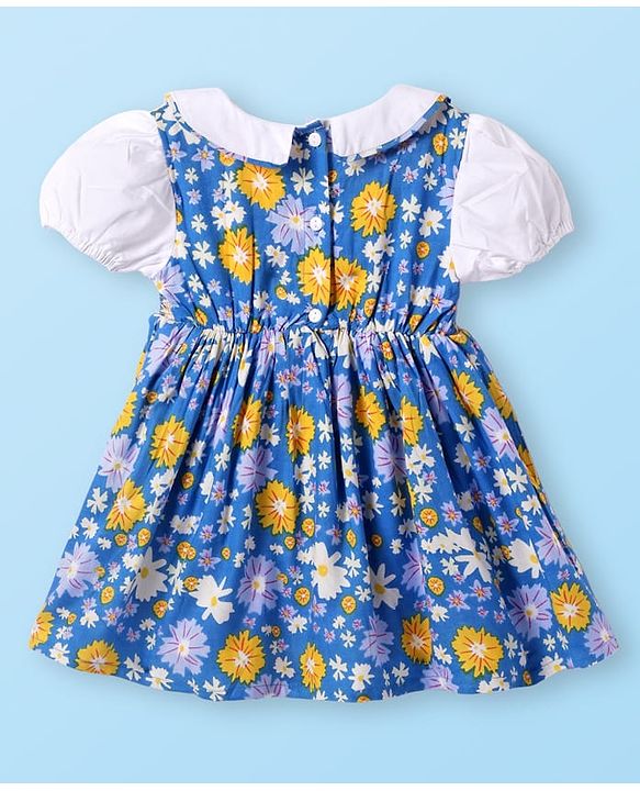 Babyhug Cotton Woven Half Puffed Sleeves Frock With Floral Print & Bloomer - Blue & White