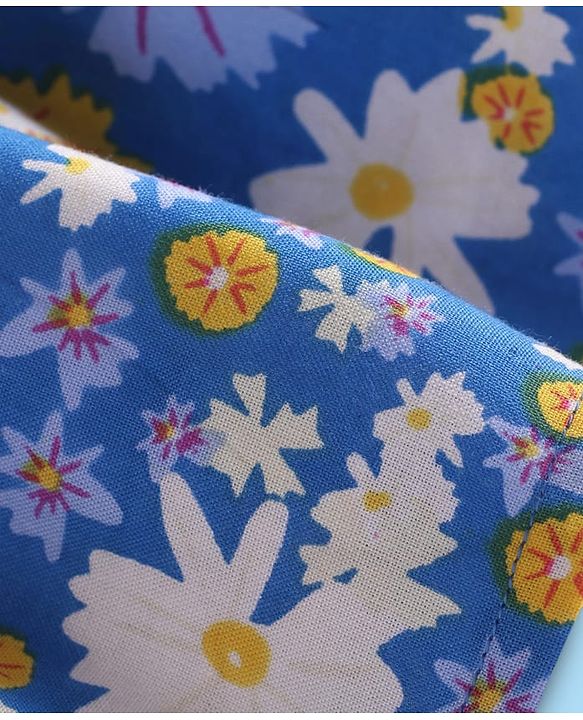 Babyhug Cotton Woven Half Puffed Sleeves Frock With Floral Print & Bloomer - Blue & White