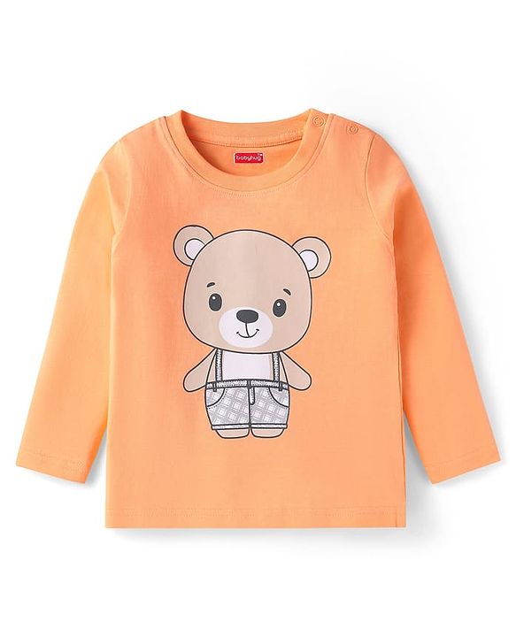 Babyhug Cotton Knit Full Sleeves Night Suit with Checkered & Bear Print - Orange
