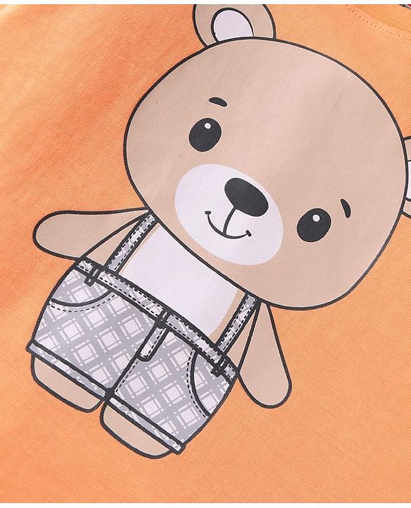 Babyhug Cotton Knit Full Sleeves Night Suit with Checkered & Bear Print - Orange