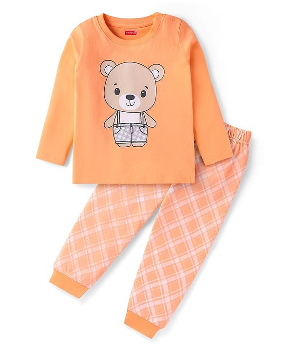 Babyhug Cotton Knit Full Sleeves Night Suit with Checkered & Bear Print - Orange