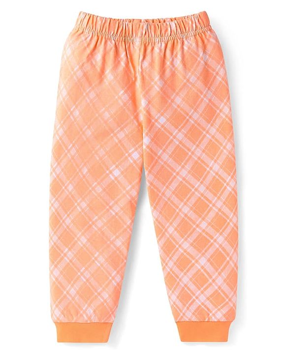 Babyhug Cotton Knit Full Sleeves Night Suit with Checkered & Bear Print - Orange