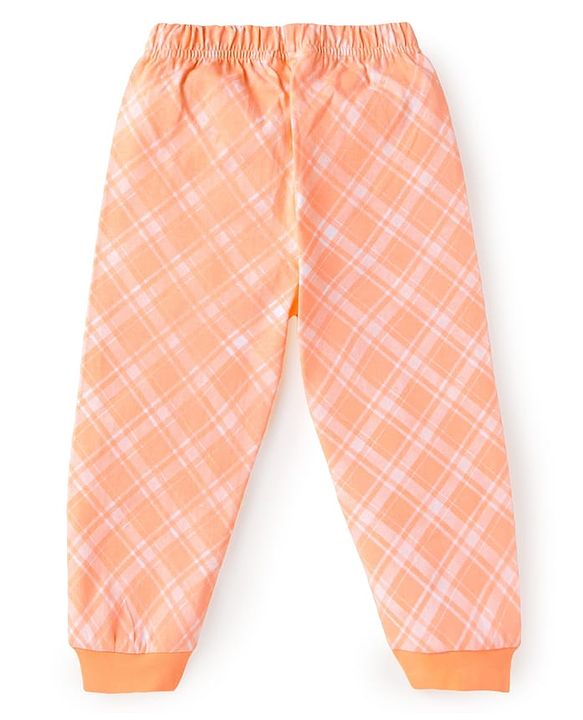 Babyhug Cotton Knit Full Sleeves Night Suit with Checkered & Bear Print - Orange