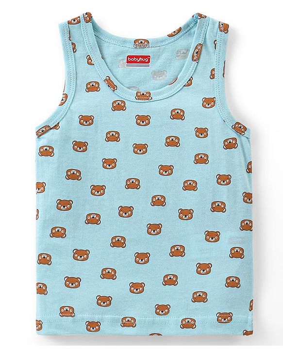 Babyhug 100% Cotton Sleeveless Sandos With Teddy Bear & Star Print Pack Of 5 - Blue & Yellow