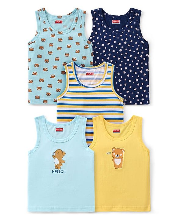 Babyhug 100% Cotton Sleeveless Sandos With Teddy Bear & Star Print Pack Of 5 - Blue & Yellow