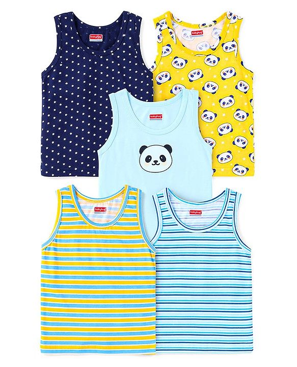 Babyhug 100% Cotton Knit Sleeveless Sando with Stripes Panda & Star Print Pack of 5 - Blue Green & Yellow