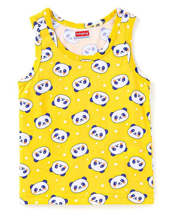 Babyhug 100% Cotton Knit Sleeveless Sando with Stripes Panda & Star Print Pack of 5 - Blue Green & Yellow