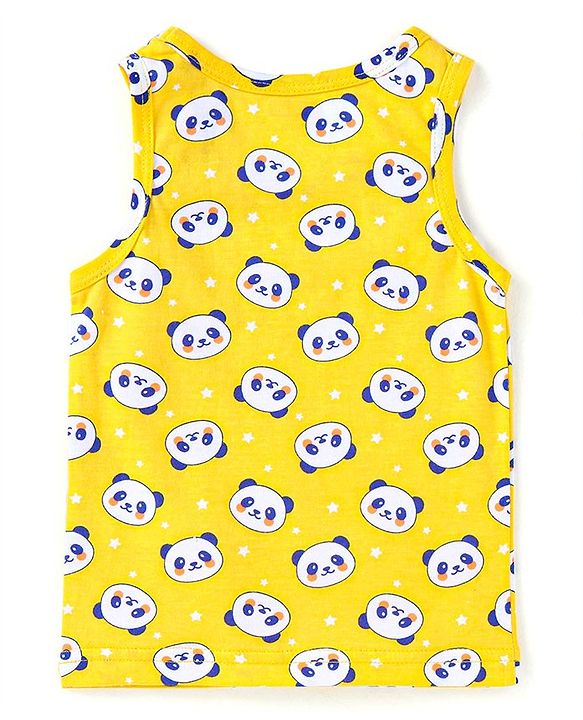 Babyhug 100% Cotton Knit Sleeveless Sando with Stripes Panda & Star Print Pack of 5 - Blue Green & Yellow