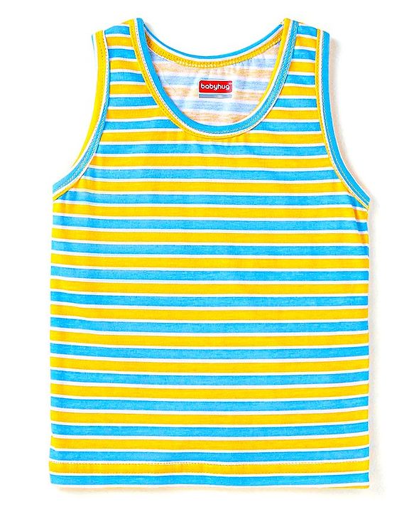 Babyhug 100% Cotton Knit Sleeveless Sando with Stripes Panda & Star Print Pack of 5 - Blue Green & Yellow