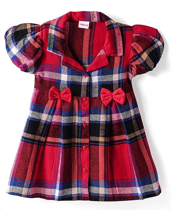 Babyhug Cotton Knit Half Puffed Sleeves Checkered Collared Winter Frock with Bow Applique - Dark Red