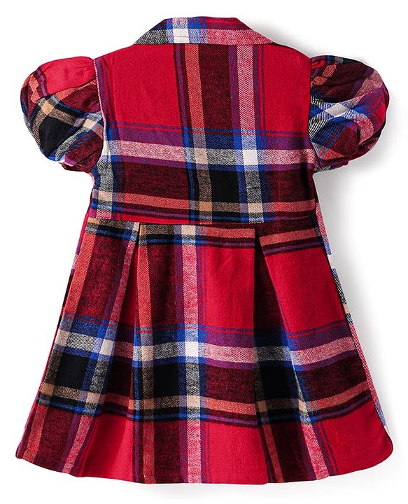 Babyhug Cotton Knit Half Puffed Sleeves Checkered Collared Winter Frock with Bow Applique - Dark Red