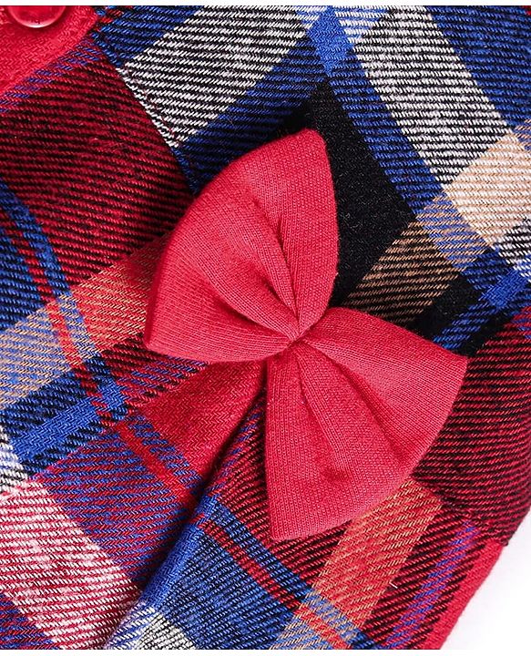 Babyhug Cotton Knit Half Puffed Sleeves Checkered Collared Winter Frock with Bow Applique - Dark Red