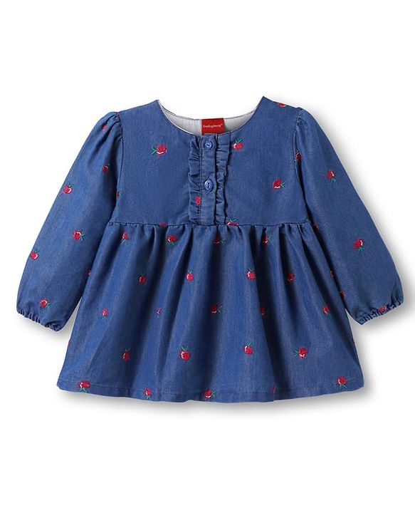 Babyhug Cotton Knit Full Sleeves Frock with Apple Embroidery - Blue
