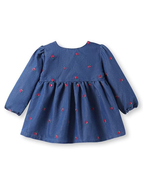 Babyhug Cotton Knit Full Sleeves Frock with Apple Embroidery - Blue