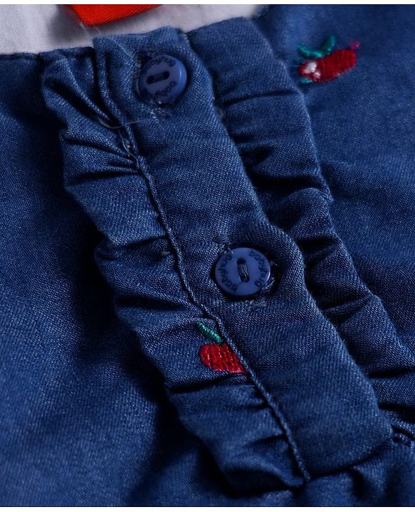 Babyhug Cotton Knit Full Sleeves Frock with Apple Embroidery - Blue
