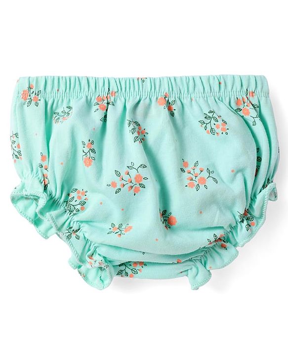 Babyhug Single Jersey Knit Half Sleeves Floral Printed Frock with Bloomer & Bow Applique - Turquoise