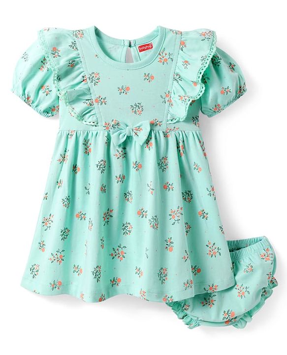Babyhug Single Jersey Knit Half Sleeves Floral Printed Frock with Bloomer & Bow Applique - Turquoise