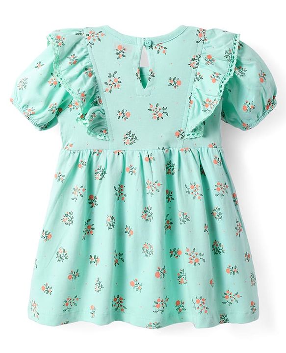 Babyhug Single Jersey Knit Half Sleeves Floral Printed Frock with Bloomer & Bow Applique - Turquoise
