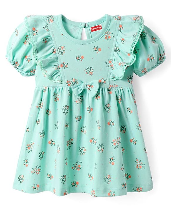 Babyhug Single Jersey Knit Half Sleeves Floral Printed Frock with Bloomer & Bow Applique - Turquoise