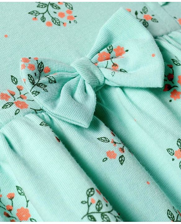 Babyhug Single Jersey Knit Half Sleeves Floral Printed Frock with Bloomer & Bow Applique - Turquoise