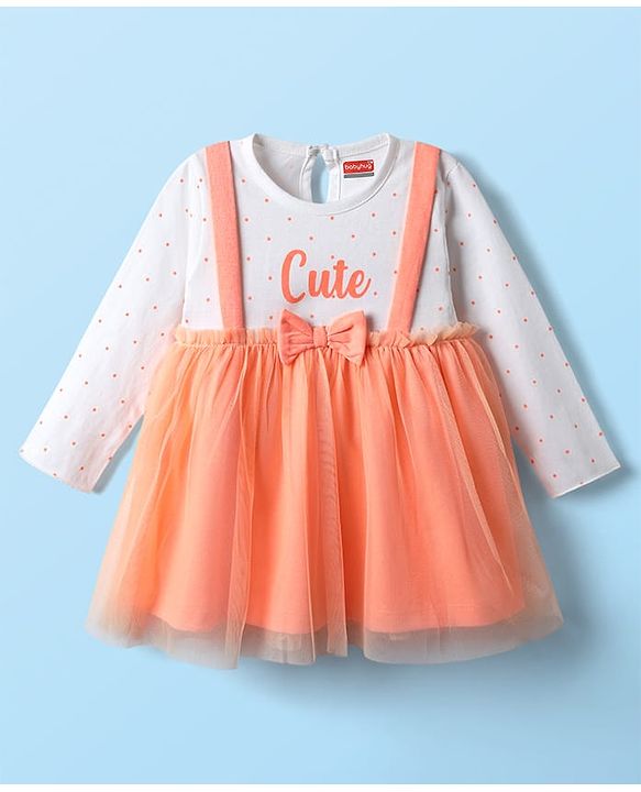 Babyhug Single Jersey Knit Full Sleeves Polka Dots Printed Frock with Bow Applique - Dark Peach