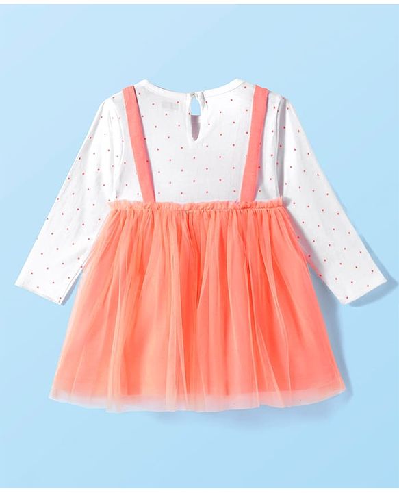 Babyhug Single Jersey Knit Full Sleeves Polka Dots Printed Frock with Bow Applique - Dark Peach