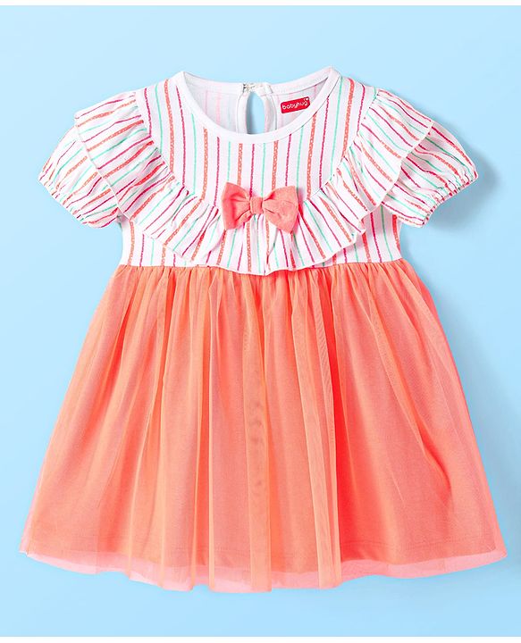 Babyhug Single Jersey Knit Half Sleeves Striped Frock with Bow Frill  Detailing & Headband - White & Peach