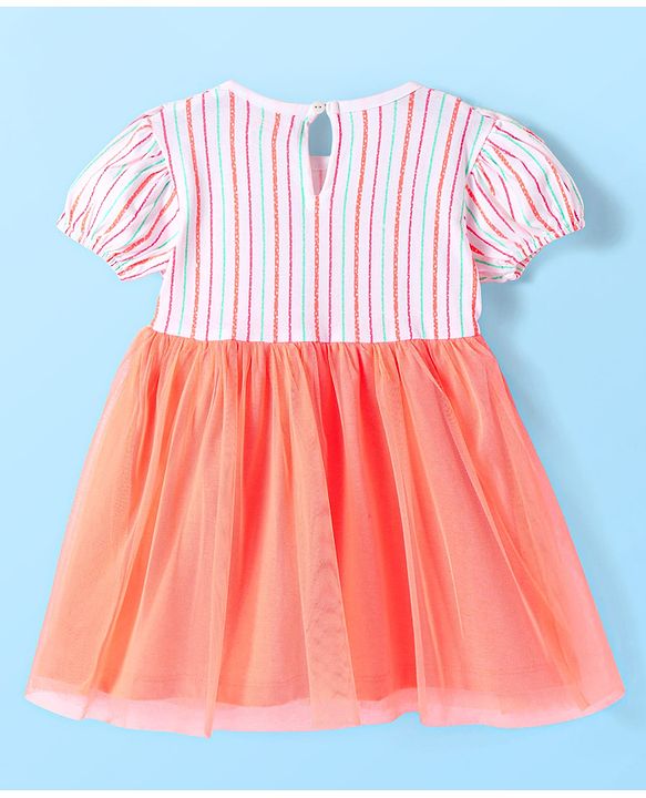 Babyhug Single Jersey Knit Half Sleeves Striped Frock with Bow Frill  Detailing & Headband - White & Peach