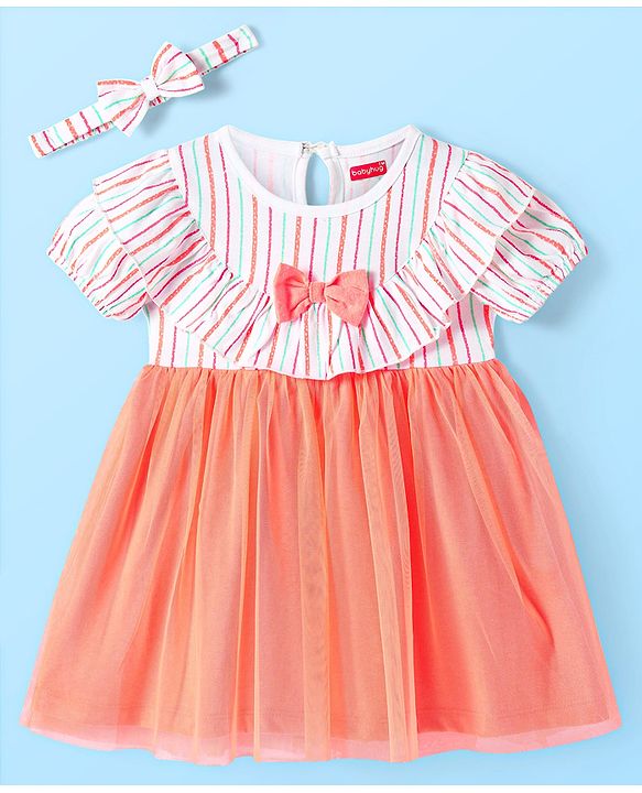 Babyhug Single Jersey Knit Half Sleeves Striped Frock with Bow Frill  Detailing & Headband - White & Peach