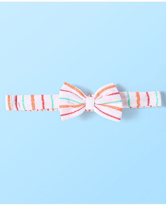 Babyhug Single Jersey Knit Half Sleeves Striped Frock with Bow Frill  Detailing & Headband - White & Peach