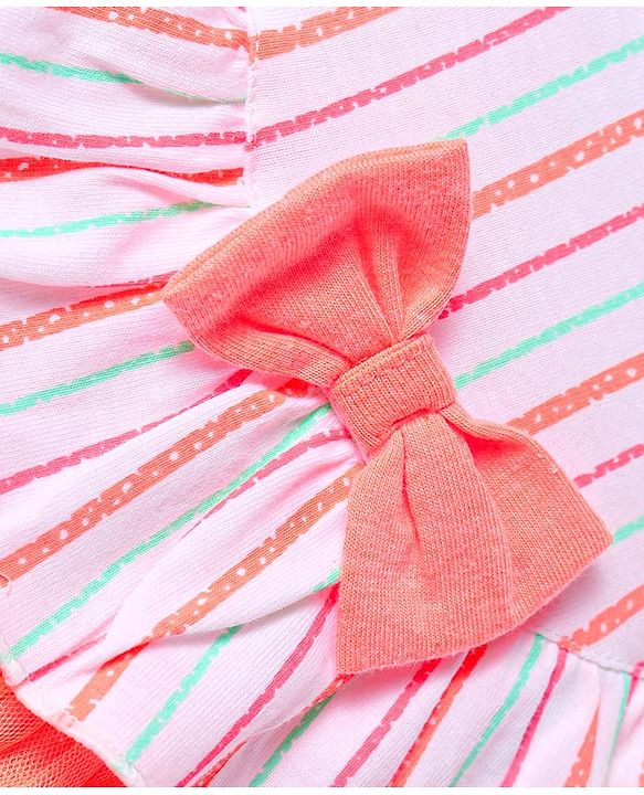 Babyhug Single Jersey Knit Half Sleeves Striped Frock with Bow Frill  Detailing & Headband - White & Peach