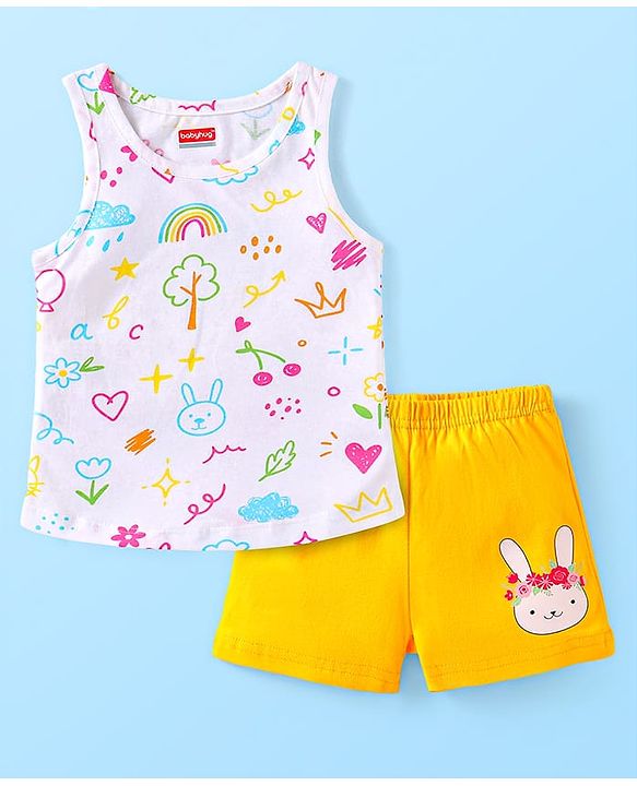 Babyhug 100% Cotton Sleeveless Bunny Printed Sando & Shorts Set - Yellow & White