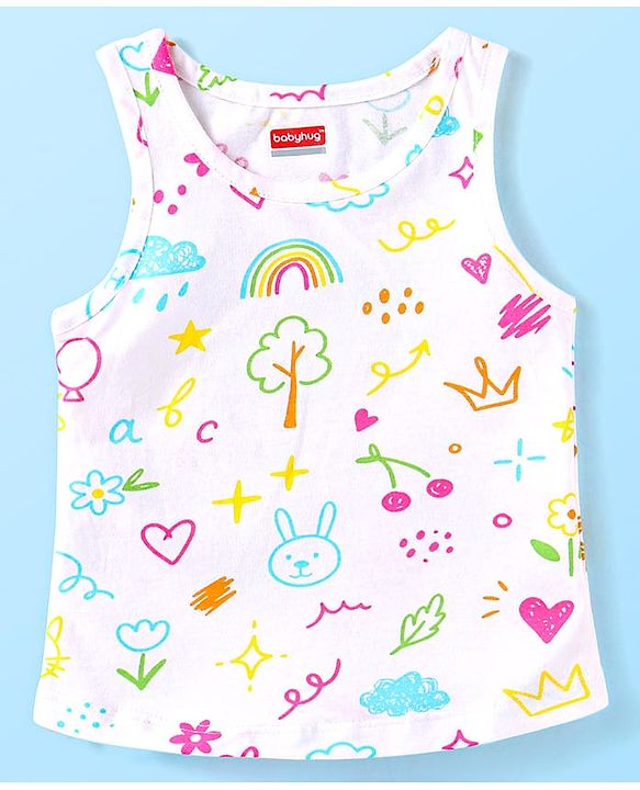 Babyhug 100% Cotton Sleeveless Bunny Printed Sando & Shorts Set - Yellow & White
