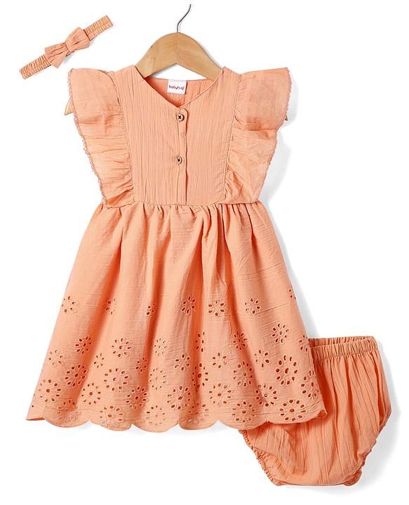 Babyhg Cotton Knit Frill Sleeves Frock With Bloomer & Head Band with Cut out Detailing - Orange