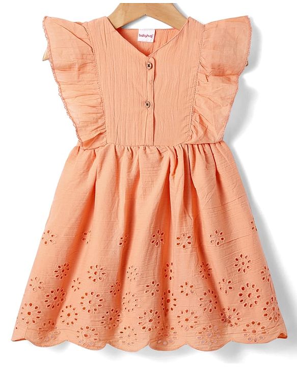 Babyhg Cotton Knit Frill Sleeves Frock With Bloomer & Head Band with Cut out Detailing - Orange