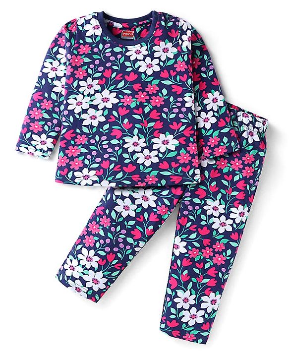 Babyhug Cotton Knit Full Sleeves Floral Printed Night Suit - Navy Blue