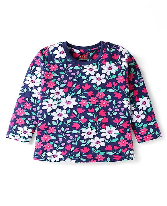 Babyhug Cotton Knit Full Sleeves Floral Printed Night Suit - Navy Blue