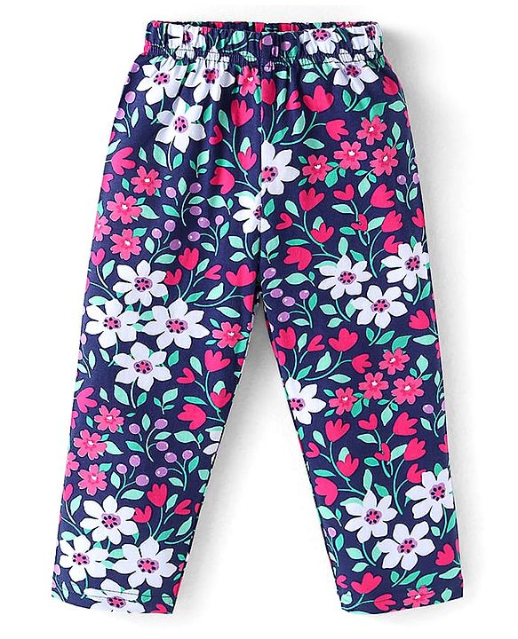 Babyhug Cotton Knit Full Sleeves Floral Printed Night Suit - Navy Blue