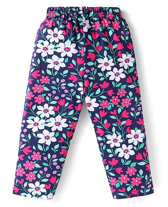 Babyhug Cotton Knit Full Sleeves Floral Printed Night Suit - Navy Blue
