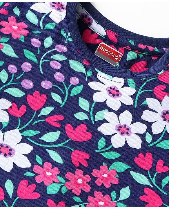 Babyhug Cotton Knit Full Sleeves Floral Printed Night Suit - Navy Blue