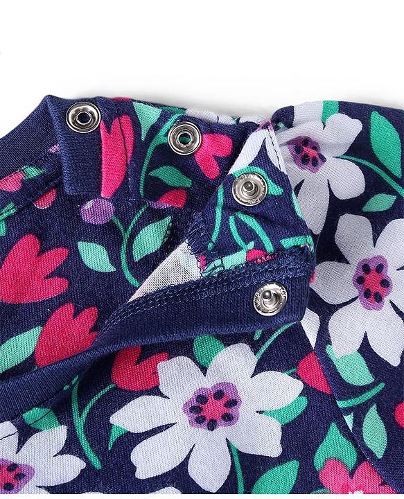Babyhug Cotton Knit Full Sleeves Floral Printed Night Suit - Navy Blue