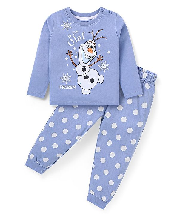 Babyhug Disney Single Jersey Knit Full Sleeves Night Suit With Olaf Graphics - Royal Blue