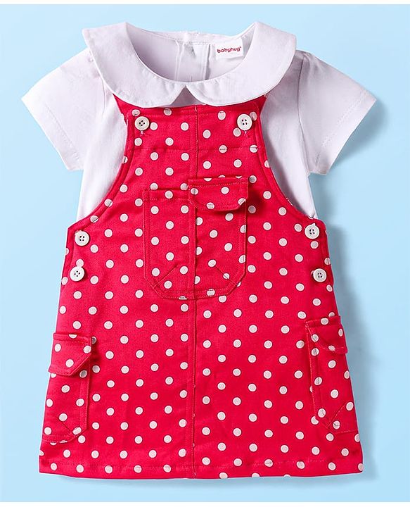 Babyhug Woven Denim Frock & Half Sleeves Peter Pan Collared Inner Tee With Polka Dot Print - Red & White