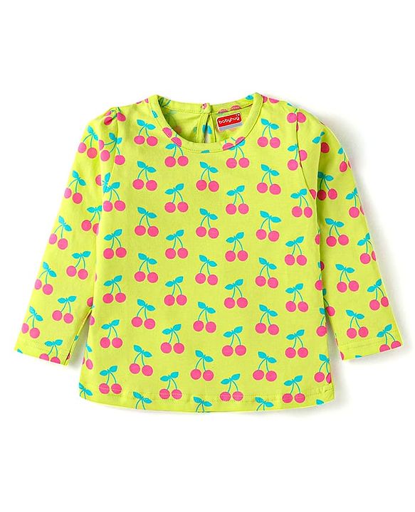 Babyhug Cotton Knit Full Sleeves Cherry Printed Night Suit - Limegreen