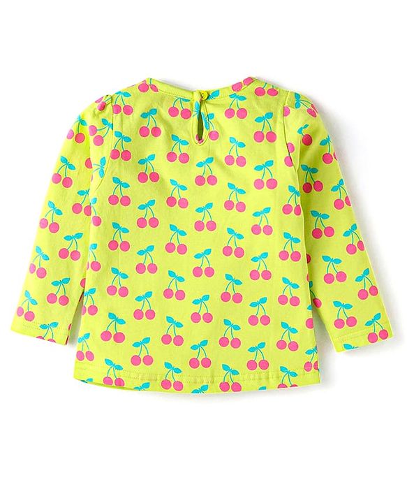 Babyhug Cotton Knit Full Sleeves Cherry Printed Night Suit - Limegreen