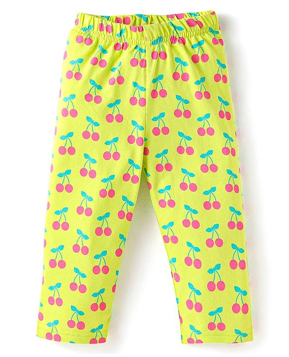 Babyhug Cotton Knit Full Sleeves Cherry Printed Night Suit - Limegreen