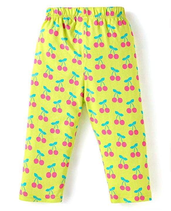 Babyhug Cotton Knit Full Sleeves Cherry Printed Night Suit - Limegreen